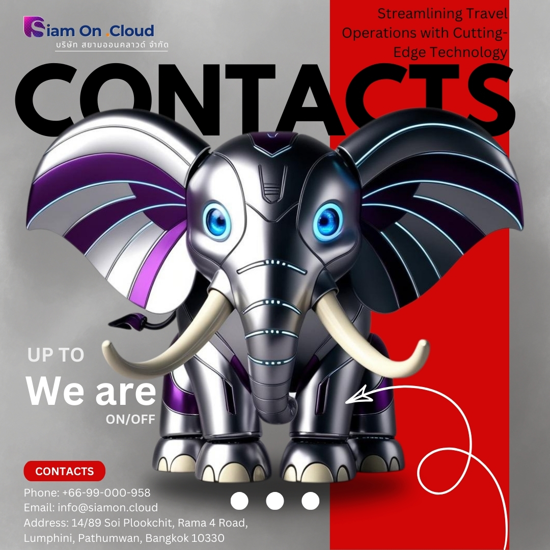 Futuristic robotic elephant with vibrant purple and blue accents, featured on the Siam On Cloud Contacts page.